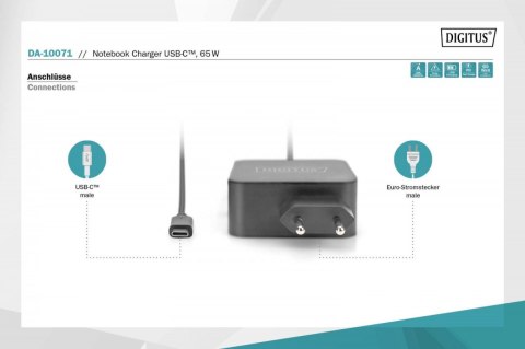 Ładowarka sieciowa zasilacz 1x USB-C PD 3.0 max. 65W zintegrowany kabel 1,2m Czarna Digitus