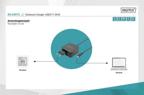 Ładowarka sieciowa zasilacz 1x USB-C PD 3.0 max. 65W zintegrowany kabel 1,2m Czarna Digitus