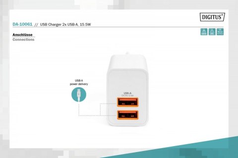 Ładowarka sieciowa zasilacz 2x USB-A 15,5W Biała Digitus