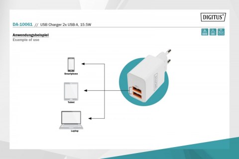 Ładowarka sieciowa zasilacz 2x USB-A 15,5W Biała Digitus
