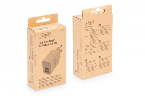 Ładowarka sieciowa zasilacz 2x USB-A 15,5W Biała Digitus