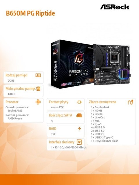Płyta główna B650M PG RIPTIDE AM5 4DDR5 HDMI/DP mATX ASRock Płyta główna B650M PG RIPTIDE AM5 4DDR5 HDMI/DP mATX ASRock