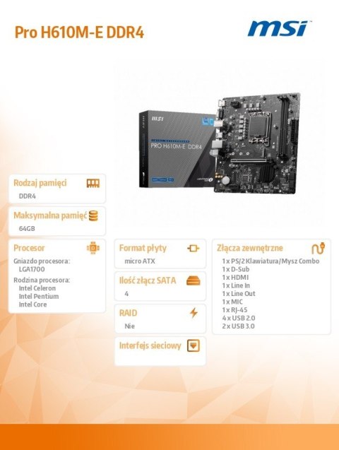 Płyta główna PRO H610M-E s1700 DDR4 HDMI M.2 mATX MSI