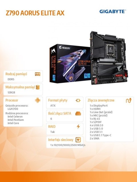 Płyta główna Z790 AORUS ELITE AX S1700 4DDR5 USB/DP ATX Gigabyte Płyta główna Z790 AORUS ELITE AX S1700 4DDR5 USB/DP ATX Gigabyte