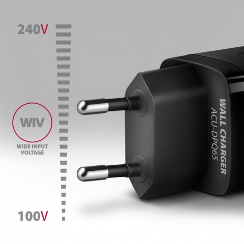 ACU-DPQ65 Ładowarka sieciowa, GaN 65W, 3x port (USB-A + dual USB-C), PD3.0/QC4+/PPS/Apple, czarna AXAGON ACU-DPQ65 Ładowarka sieciowa, GaN 65W, 3x port (USB-A + dual USB-C), PD3.0/QC4+/PPS/Apple, czarna AXAGON