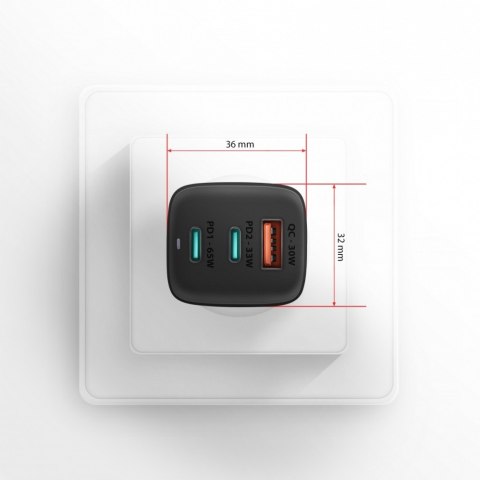 ACU-DPQ65 Ładowarka sieciowa, GaN 65W, 3x port (USB-A + dual USB-C), PD3.0/QC4+/PPS/Apple, czarna AXAGON ACU-DPQ65 Ładowarka sieciowa, GaN 65W, 3x port (USB-A + dual USB-C), PD3.0/QC4+/PPS/Apple, czarna AXAGON