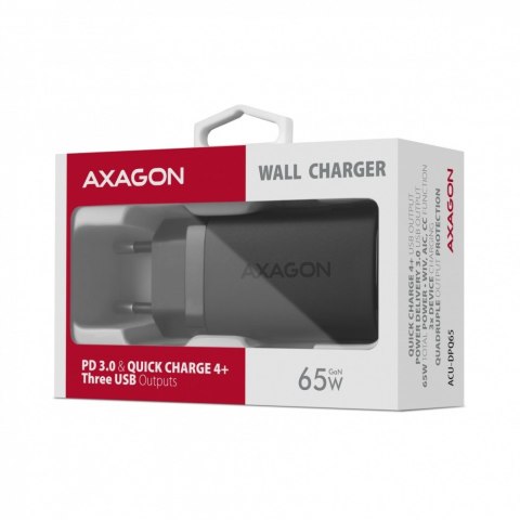 ACU-DPQ65 Ładowarka sieciowa, GaN 65W, 3x port (USB-A + dual USB-C), PD3.0/QC4+/PPS/Apple, czarna AXAGON ACU-DPQ65 Ładowarka sieciowa, GaN 65W, 3x port (USB-A + dual USB-C), PD3.0/QC4+/PPS/Apple, czarna AXAGON