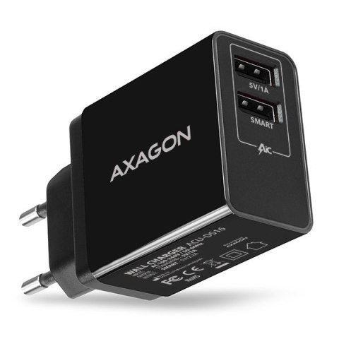 ACU-DS16 Ładowarka sieciowa, SMART 16W, 2x port USB-A, 5V/2.2A + 5V/1A AXAGON ACU-DS16 Ładowarka sieciowa, SMART 16W, 2x port USB-A, 5V/2.2A + 5V/1A AXAGON