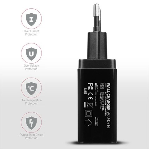 ACU-DS16 Ładowarka sieciowa, SMART 16W, 2x port USB-A, 5V/2.2A + 5V/1A AXAGON ACU-DS16 Ładowarka sieciowa, SMART 16W, 2x port USB-A, 5V/2.2A + 5V/1A AXAGON