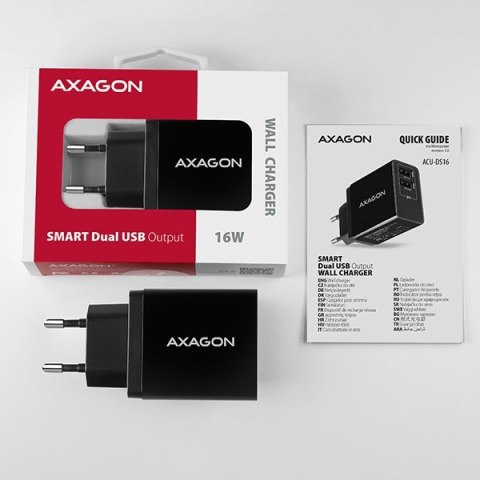 ACU-DS16 Ładowarka sieciowa, SMART 16W, 2x port USB-A, 5V/2.2A + 5V/1A AXAGON ACU-DS16 Ładowarka sieciowa, SMART 16W, 2x port USB-A, 5V/2.2A + 5V/1A AXAGON