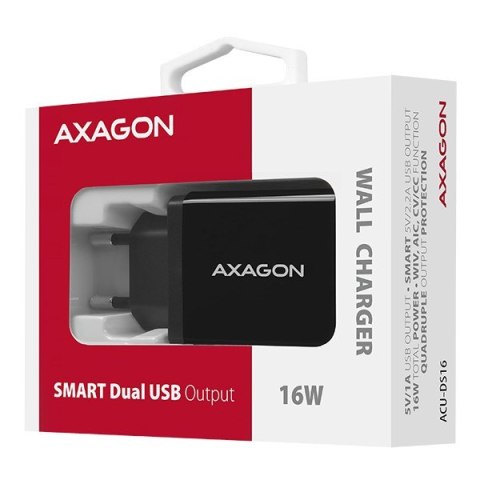 ACU-DS16 Ładowarka sieciowa, SMART 16W, 2x port USB-A, 5V/2.2A + 5V/1A AXAGON ACU-DS16 Ładowarka sieciowa, SMART 16W, 2x port USB-A, 5V/2.2A + 5V/1A AXAGON