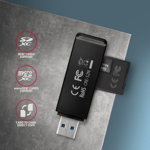 CRE-S2N Czytnik zewnętrzny kart USB-A 3. 2 GEN 1, 2-gniazda lun SD/microSD, UHS-I AXAGON CRE-S2N Czytnik zewnętrzny kart USB-A 3. 2 GEN 1, 2-gniazda lun SD/microSD, UHS-I AXAGON