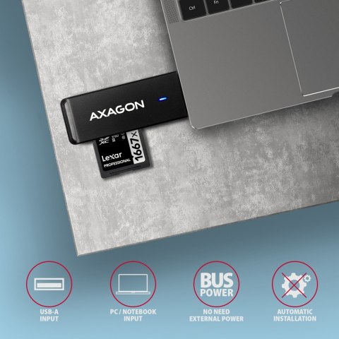 CRE-S2N Czytnik zewnętrzny kart USB-A 3. 2 GEN 1, 2-gniazda lun SD/microSD, UHS-I AXAGON CRE-S2N Czytnik zewnętrzny kart USB-A 3. 2 GEN 1, 2-gniazda lun SD/microSD, UHS-I AXAGON