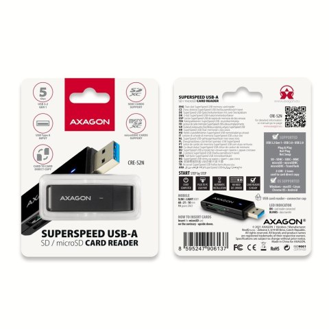 CRE-S2N Czytnik zewnętrzny kart USB-A 3. 2 GEN 1, 2-gniazda lun SD/microSD, UHS-I AXAGON CRE-S2N Czytnik zewnętrzny kart USB-A 3. 2 GEN 1, 2-gniazda lun SD/microSD, UHS-I AXAGON