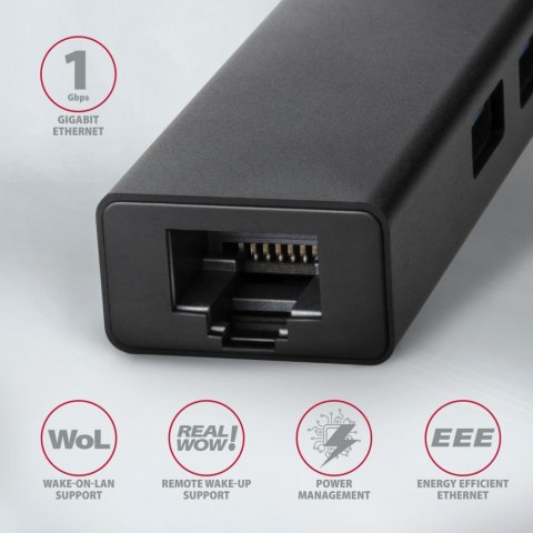 HMA-GL3A Wieloportowy hub USB 4in1, 5Gbps, 3x USB-A + GLAN, metalowy, 20cm USB-A kabel AXAGON HMA-GL3A Wieloportowy hub USB 4in1, 5Gbps, 3x USB-A + GLAN, metalowy, 20cm USB-A kabel AXAGON