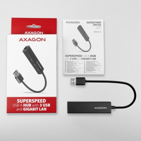 HMA-GL3A Wieloportowy hub USB 4in1, 5Gbps, 3x USB-A + GLAN, metalowy, 20cm USB-A kabel AXAGON HMA-GL3A Wieloportowy hub USB 4in1, 5Gbps, 3x USB-A + GLAN, metalowy, 20cm USB-A kabel AXAGON