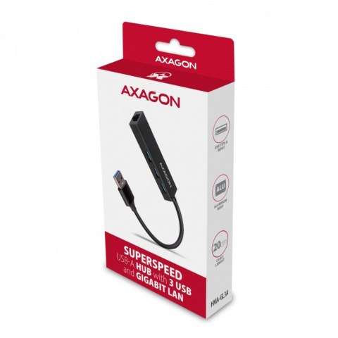 HMA-GL3A Wieloportowy hub USB 4in1, 5Gbps, 3x USB-A + GLAN, metalowy, 20cm USB-A kabel AXAGON HMA-GL3A Wieloportowy hub USB 4in1, 5Gbps, 3x USB-A + GLAN, metalowy, 20cm USB-A kabel AXAGON