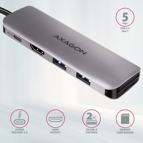 HMC-5 Wieloportowy hub USB 5in1, 5Gbps, 2x USB-A, HDMI 4K/30Hz, SD/microSD, PD 100W, 20cm USB-C kabel AXAGON HMC-5 Wieloportowy hub USB 5in1, 5Gbps, 2x USB-A, HDMI 4K/30Hz, SD/microSD, PD 100W, 20cm USB-C kabel AXAGON