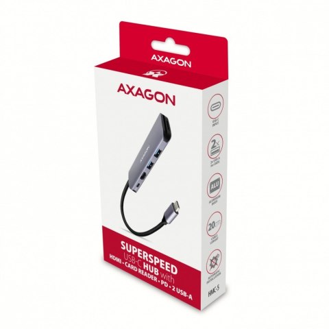 HMC-5 Wieloportowy hub USB 5in1, 5Gbps, 2x USB-A, HDMI 4K/30Hz, SD/microSD, PD 100W, 20cm USB-C kabel AXAGON HMC-5 Wieloportowy hub USB 5in1, 5Gbps, 2x USB-A, HDMI 4K/30Hz, SD/microSD, PD 100W, 20cm USB-C kabel AXAGON