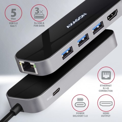 HMC-6GL Wieloportowy hub USB 6in1, 5Gbps, 3x USB-A, HDMI 4K/30Hz, GLAN, PD 100W, 20cm USB-C kabel AXAGON HMC-6GL Wieloportowy hub USB 6in1, 5Gbps, 3x USB-A, HDMI 4K/30Hz, GLAN, PD 100W, 20cm USB-C kabel AXAGON