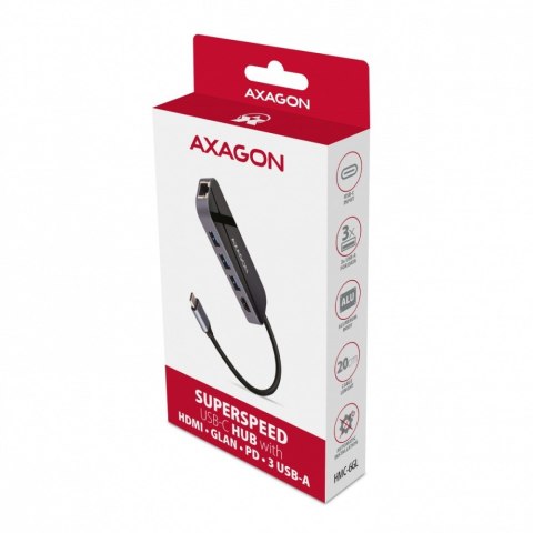 HMC-6GL Wieloportowy hub USB 6in1, 5Gbps, 3x USB-A, HDMI 4K/30Hz, GLAN, PD 100W, 20cm USB-C kabel AXAGON HMC-6GL Wieloportowy hub USB 6in1, 5Gbps, 3x USB-A, HDMI 4K/30Hz, GLAN, PD 100W, 20cm USB-C kabel AXAGON