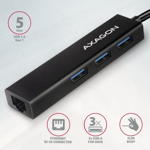 HMC-GL3A Wieloportowy hub USB 4in1, 5Gbps, 3x USB-A + GLAN, 20cm USB-C kabel AXAGON HMC-GL3A Wieloportowy hub USB 4in1, 5Gbps, 3x USB-A + GLAN, 20cm USB-C kabel AXAGON