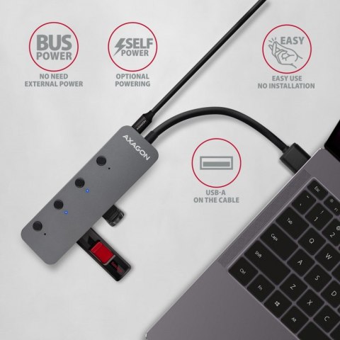 HUE-MSA Hub 4-portowy USB 3.2 Gen 1 switch, metalowy, 20cm USB-A kabel, microUSB dodatkowe zasilanie AXAGON HUE-MSA Hub 4-portowy USB 3.2 Gen 1 switch, metalowy, 20cm USB-A kabel, microUSB dodatkowe zasilanie AXAGON