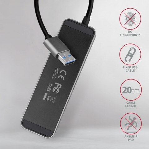HUE-MSA Hub 4-portowy USB 3.2 Gen 1 switch, metalowy, 20cm USB-A kabel, microUSB dodatkowe zasilanie AXAGON HUE-MSA Hub 4-portowy USB 3.2 Gen 1 switch, metalowy, 20cm USB-A kabel, microUSB dodatkowe zasilanie AXAGON