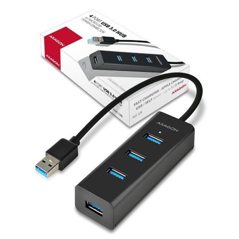 HUE-S2B Hub 4-portowy USB 3.2 Gen 1 charging hub, 30cm kabel, microUSB dodatkowe zasilanie AXAGON HUE-S2B Hub 4-portowy USB 3.2 Gen 1 charging hub, 30cm kabel, microUSB dodatkowe zasilanie AXAGON