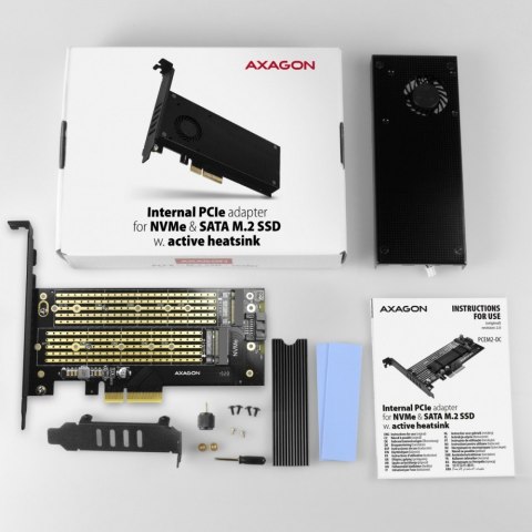 PCEM2-DC Adapter wewnętrzny PCIe x4, 1x M.2 NVMe M-key + 1x SATA B-key slot, chłodnica, SP & LP + radiator AXAGON PCEM2-DC Adapter wewnętrzny PCIe x4, 1x M.2 NVMe M-key + 1x SATA B-key slot, chłodnica, SP & LP + radiator AXAGON