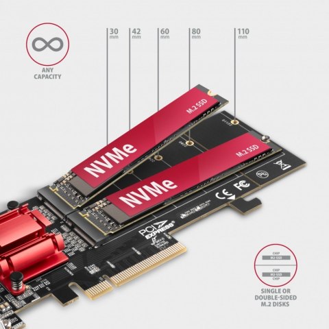 PCEM2-ND Kontroler PCIe x 8, 2x slot M.2 NVMe M-key RAID wsparcie dla płyt bez bifurkacji, w zestawie, SP & LP AXAGON PCEM2-ND Kontroler PCIe x 8, 2x slot M.2 NVMe M-key RAID wsparcie dla płyt bez bifurkacji, w zestawie, SP & LP AXAGON
