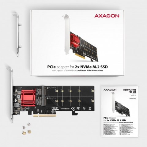 PCEM2-ND Kontroler PCIe x 8, 2x slot M.2 NVMe M-key RAID wsparcie dla płyt bez bifurkacji, w zestawie, SP & LP AXAGON PCEM2-ND Kontroler PCIe x 8, 2x slot M.2 NVMe M-key RAID wsparcie dla płyt bez bifurkacji, w zestawie, SP & LP AXAGON
