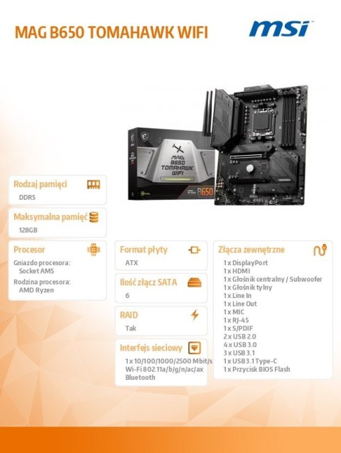 Płyta główna MAG B650 TOMAHAWK WIFI AM5 4DDR5 HDMI/DP ATX MSI