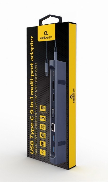 Adapter USB-C 9w1, HDMI, USB-C PD, VGA, DP, USBx3, Audio, LAN Gembird