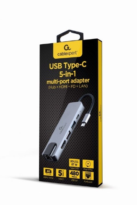 Adapter wieloportowy USB-C 5w1, PD, HDMI, USB 3.1, USB 2.0, LAN Gembird