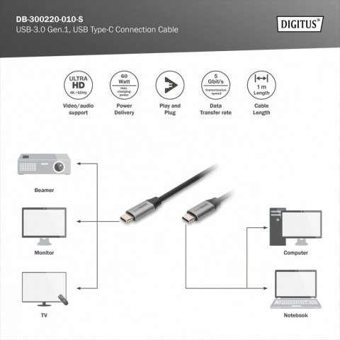 Kabel połączeniowy USB 3.0 60W/5Gbps Typ USB C/USB C M/M 1m Czarny Digitus