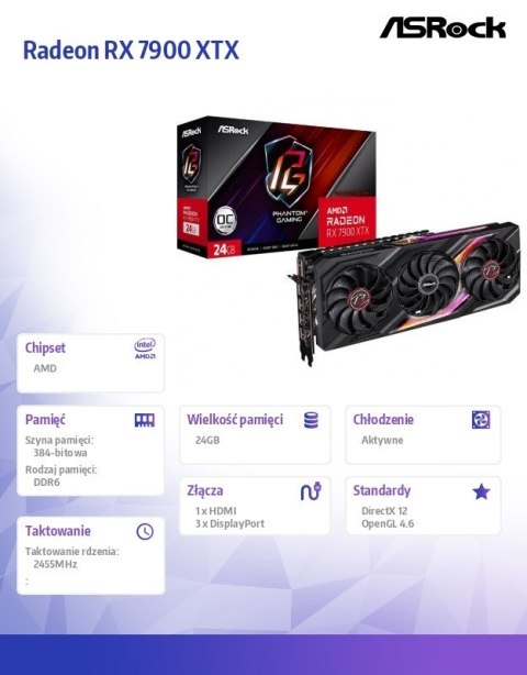 Karta graficzna Radeon RX 7900 XTX PHANTOM GAMING 24GB OC GDDR6 384bit ASRock Karta graficzna Radeon RX 7900 XTX PHANTOM GAMING 24GB OC GDDR6 384bit ASRock