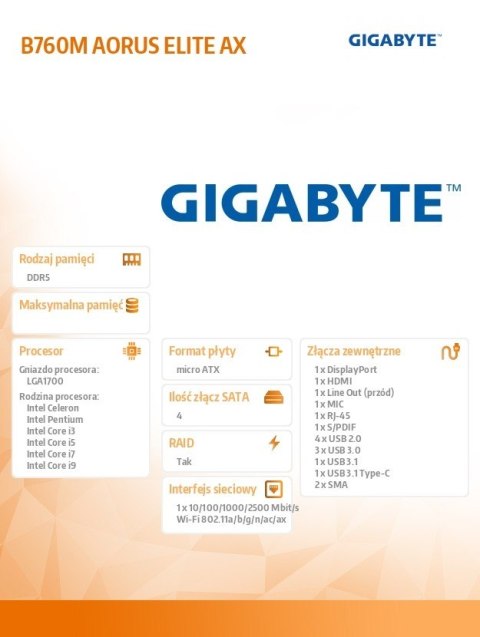 Płyta główna B760M AORUS ELITE AX s1700 DDR5 mATX Gigabyte Płyta główna B760M AORUS ELITE AX s1700 DDR5 mATX Gigabyte