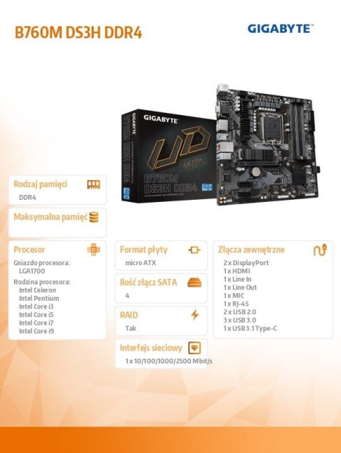 Płyta główna B760M DS3H DDR4 s1700 DDR4 2DP/HDMI mATX Gigabyte Płyta główna B760M DS3H DDR4 s1700 DDR4 2DP/HDMI mATX Gigabyte