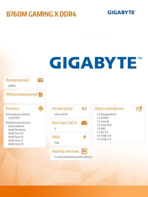 Płyta główna B760M GAMING X DDR4 s1700 DDR4 DP/HDMI mATX Gigabyte Płyta główna B760M GAMING X DDR4 s1700 DDR4 DP/HDMI mATX Gigabyte