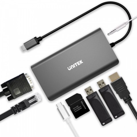 HUB 8-w-1 USB-C 3.1; HDMI; VGA; RJ45; SD; PD 100W; D1019B Unitek HUB 8-w-1 USB-C 3.1; HDMI; VGA; RJ45; SD; PD 100W; D1019B Unitek