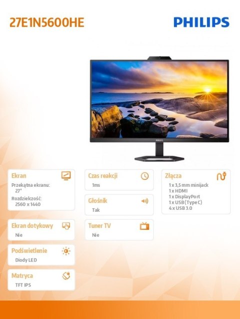 Monitor 27 cali 27E1N5600HE IPS HDMI DP USB-C Pivot Kamera Głośniki Philips