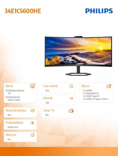 Monitor 34 cale 34E1C5600HE VA HDMI DP USB-C HAS Kamera Głośniki Philips