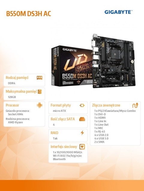 Płyta główna B550M DS3H AC AM4 4DDR4 HDMI/DVI M.2 mATX Gigabyte