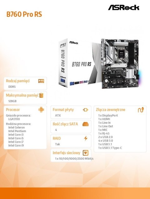 Płyta główna B760 Pro RS s1700 4DDR5 DP/HDMI/eDP M.2 ATX ASRock