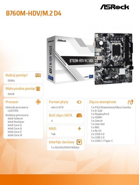 Płyta główna B760M-HDV/M.2 D4 s1700 2DDR4 DP/HDMI mATX ASRock Płyta główna B760M-HDV/M.2 D4 s1700 2DDR4 DP/HDMI mATX ASRock