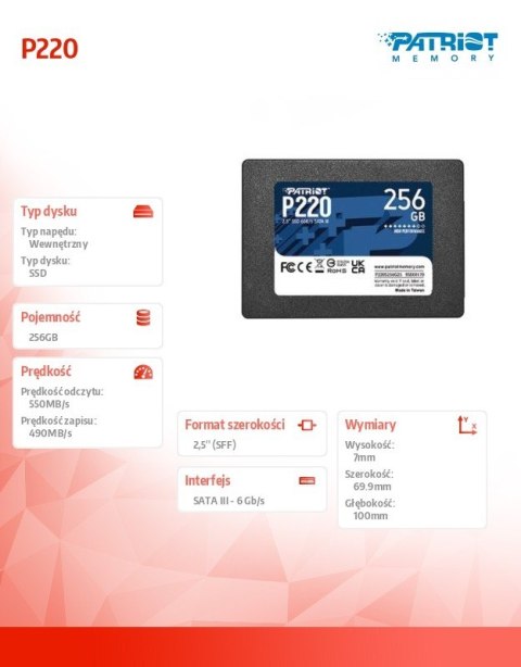 Dysk SSD 256GB P220 550/490 MB/s SATA III 2,5 Patriot