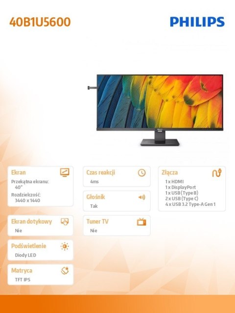Monitor 40 cali 40B1U5600 IPS HDMI DP USB-C HAS Głośniki Philips Monitor 40 cali 40B1U5600 IPS HDMI DP USB-C HAS Głośniki Philips