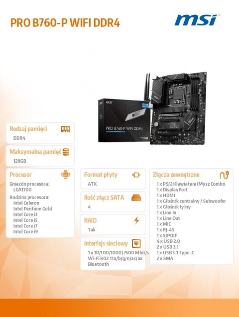 Płyta główna PRO B760-P WIFI DDR4 s1700 4DDR4 DP/HDMI ATX MSI
