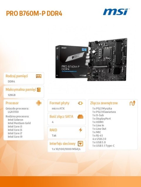 Płyta główna PRO B760M-P DDR4 s1700 4DDR4 DP/HDMI 2M.2 mATX MSI